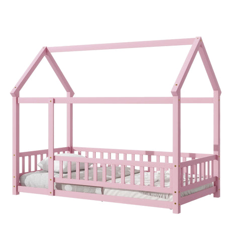 Floor Wooden Bed With House Roof Frame, Fence Guardrails - Furniture Home Direct
