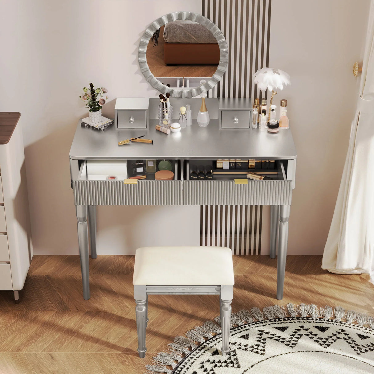 Luxury Vanity Desk With Round Mirror Height Adjustable Dressing Table Set Engineered Wood - Silver - Furniture Home Direct