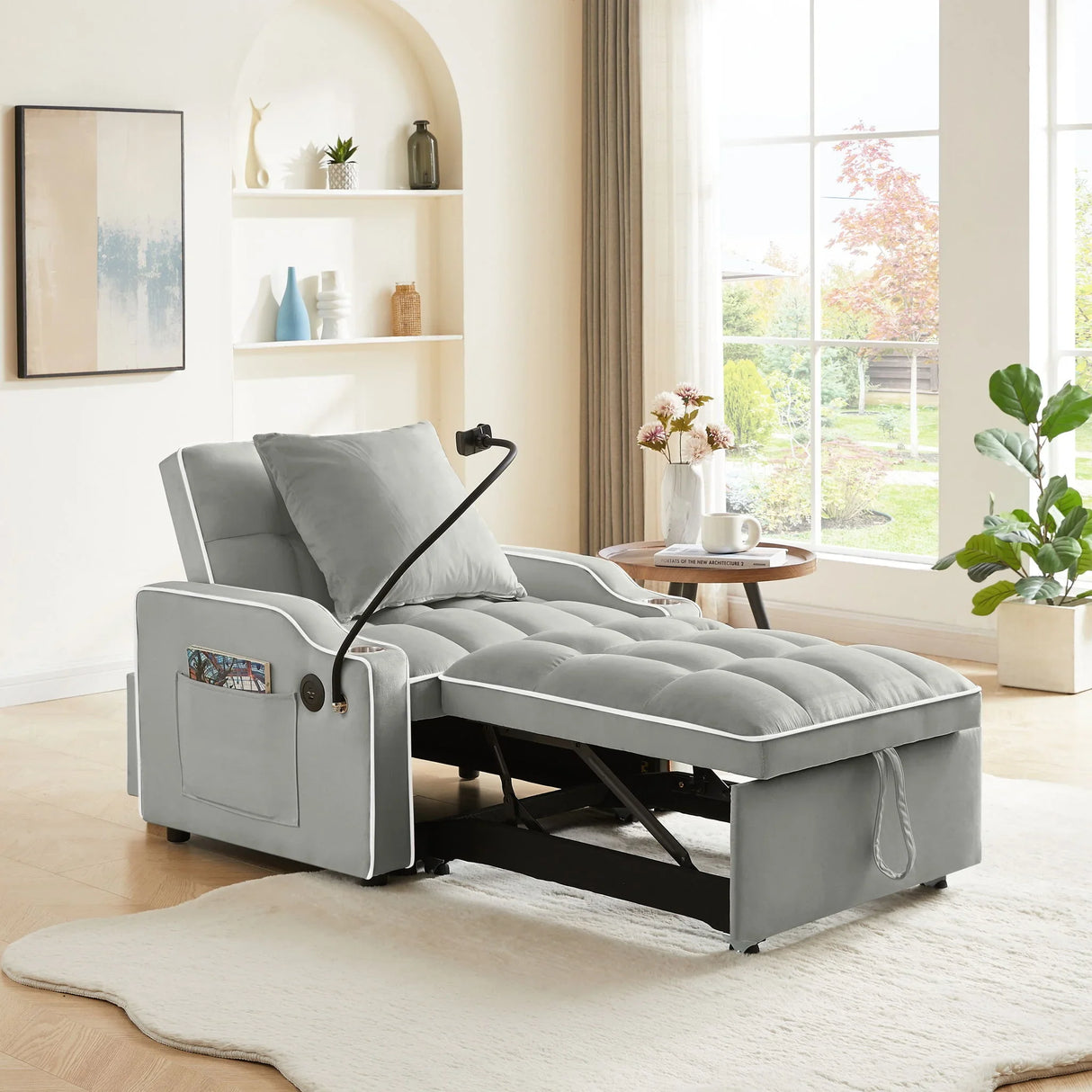 Convertible Velvet 3 In 1 Sofa Bed With Adjustable Sleeper Chair And Multi Pockets - Furniture Home Direct