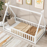 Tent-Shaped Floor Bed, Teepee Bed With Guardrails, Slats - Furniture Home Direct