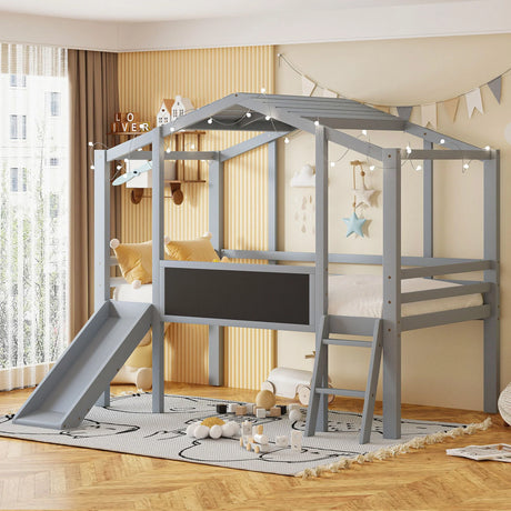 Loft House Bed With Ladder And Slide, With Blackboard And Light Strip On The Roof - Furniture Home Direct