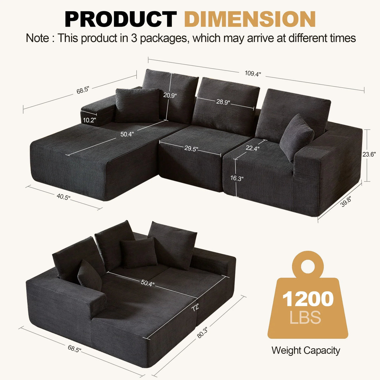Modular Sectional Sofa With Chaise, L Shaped Cloud Couch With Deep Seat, Sectional Couches For Living Room - Black - Furniture Home Direct