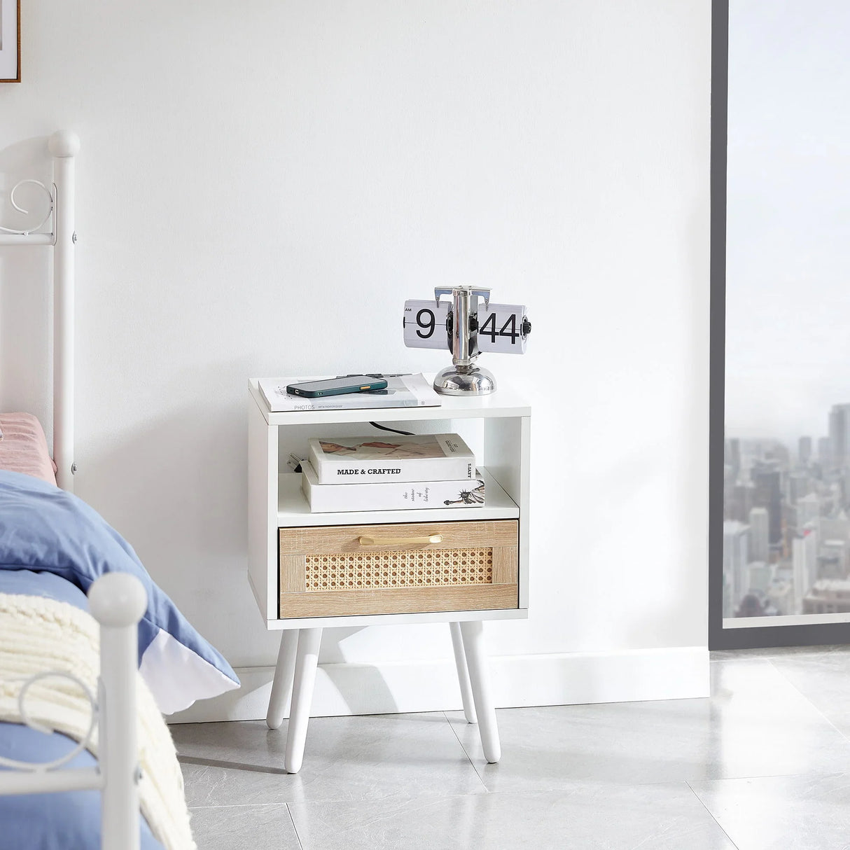 15.75" Rattan End Table With Power Outlet & USB Ports, Modern Nightstand With Drawer And Solid Wood Legs, Side Table For Living Room, Bedroom - Furniture Home Direct