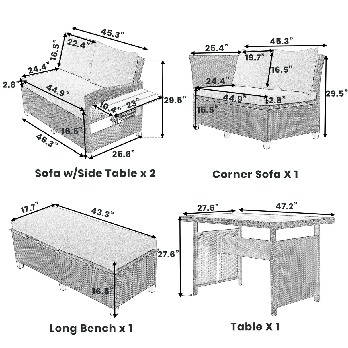 Outdoor Rattan Sectional With 2 Extendable Side Tables and Washable Covers - Furniture Home Direct