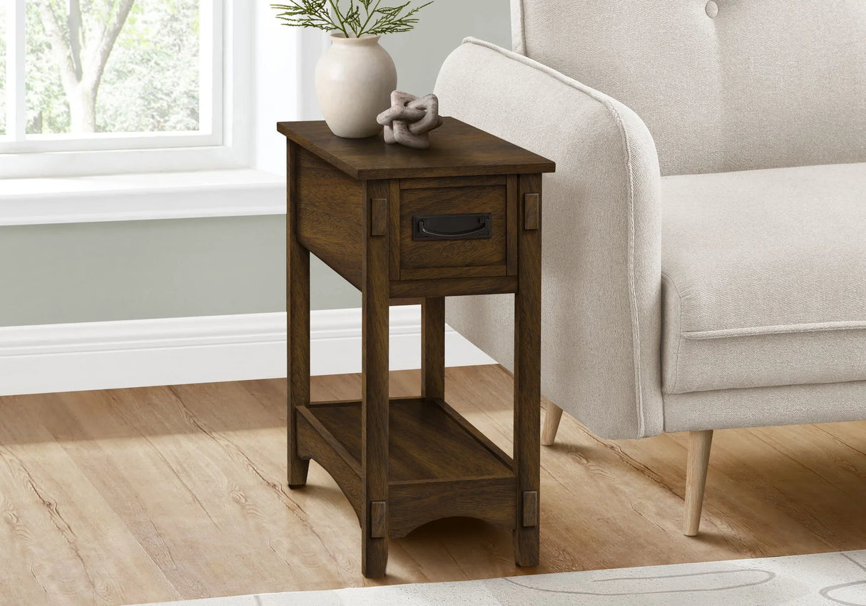 Accent End Table, 2 Tier, Narrow, Storage Drawer, Transitional - Walnut - Furniture Home Direct
