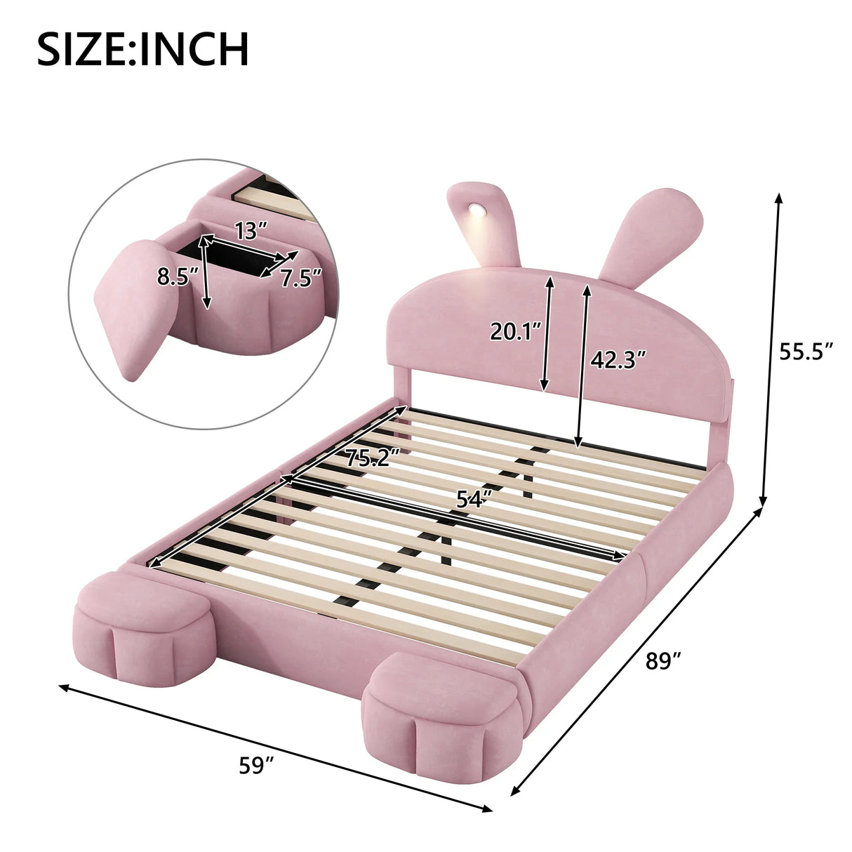 Full Size Upholstered Platform Bed with Cartoon Ears Shaped Headboard and Light, Pink - Furniture Home Direct