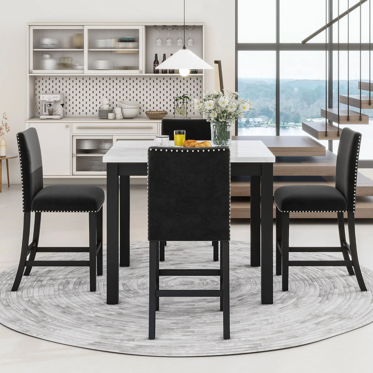 5-Piece Counter Height Dining Table Set With One Faux Marble Top Dining Table And Four Velvet Upholstered Chairs - Furniture Home Direct