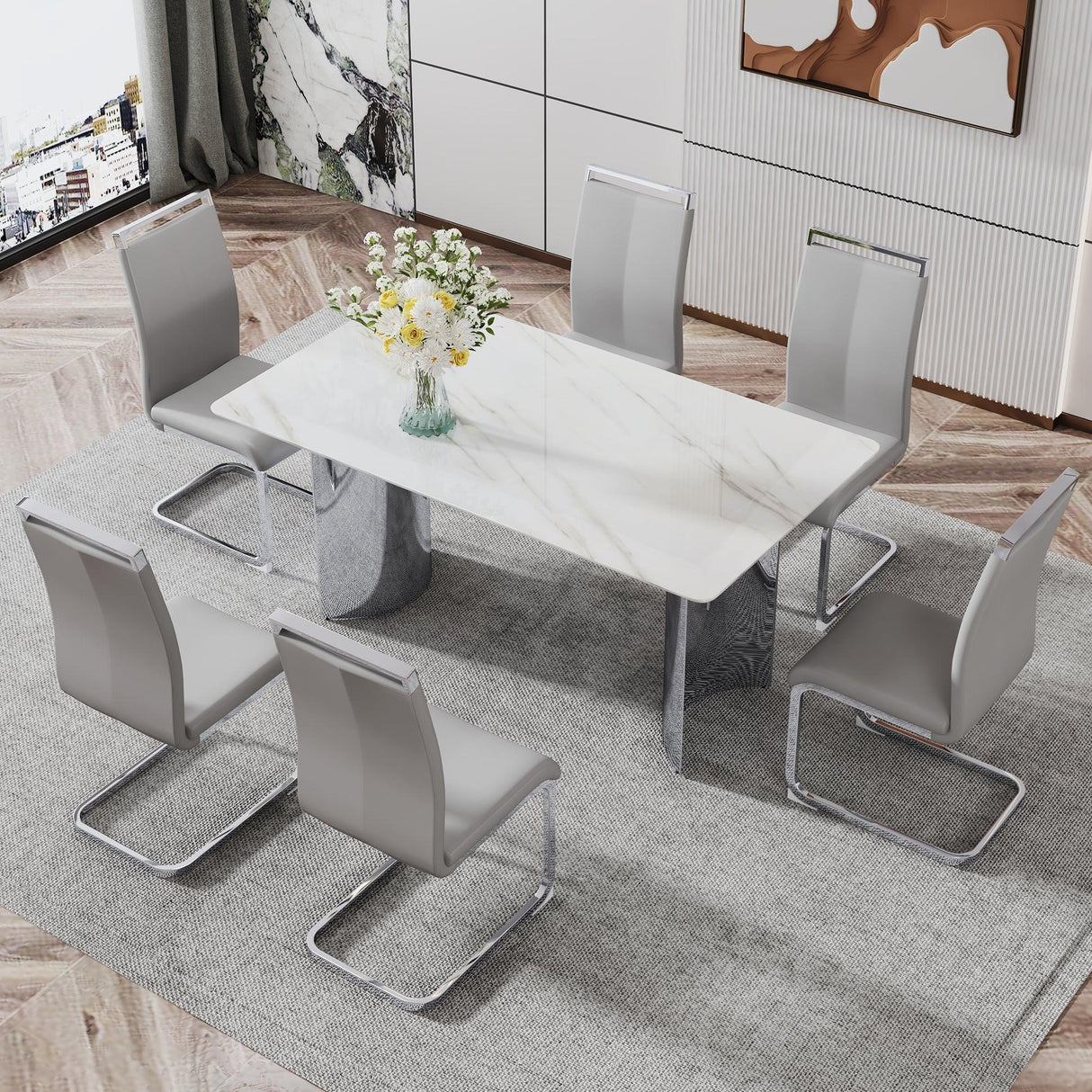 Dining Table Modern Faux Marble Top Chrome Base White - Furniture Home Direct