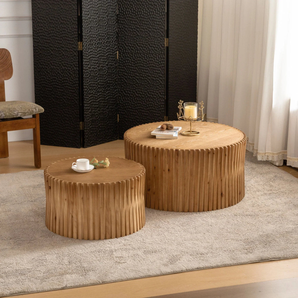 Vintage Fashion Style Cylindrical Nesting Coffee Table Set With Vertical Textured Embossed Design - Natural - Furniture Home Direct