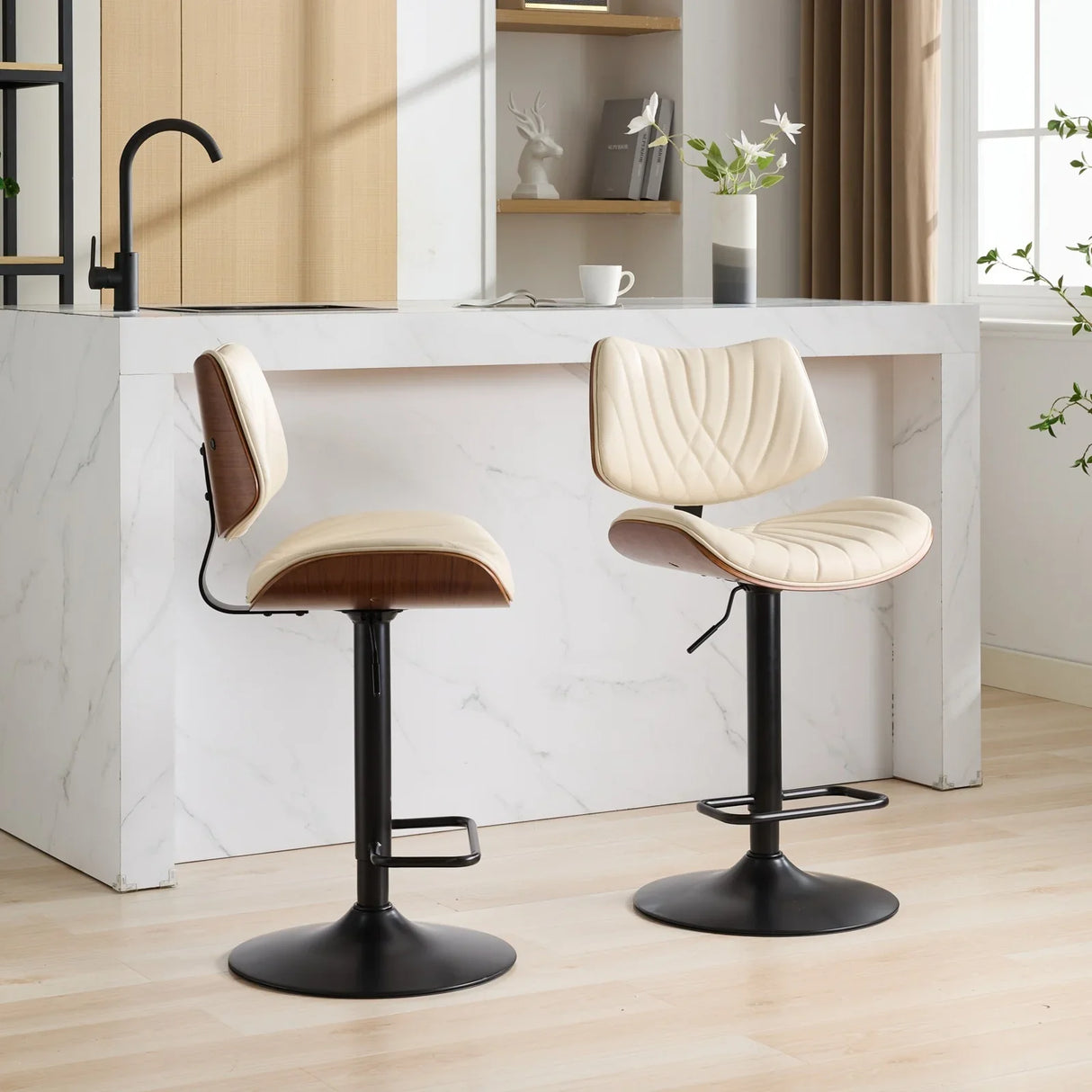 Counter Height Stool Adjustable PU Leather Swivel Beige - Furniture Home Direct