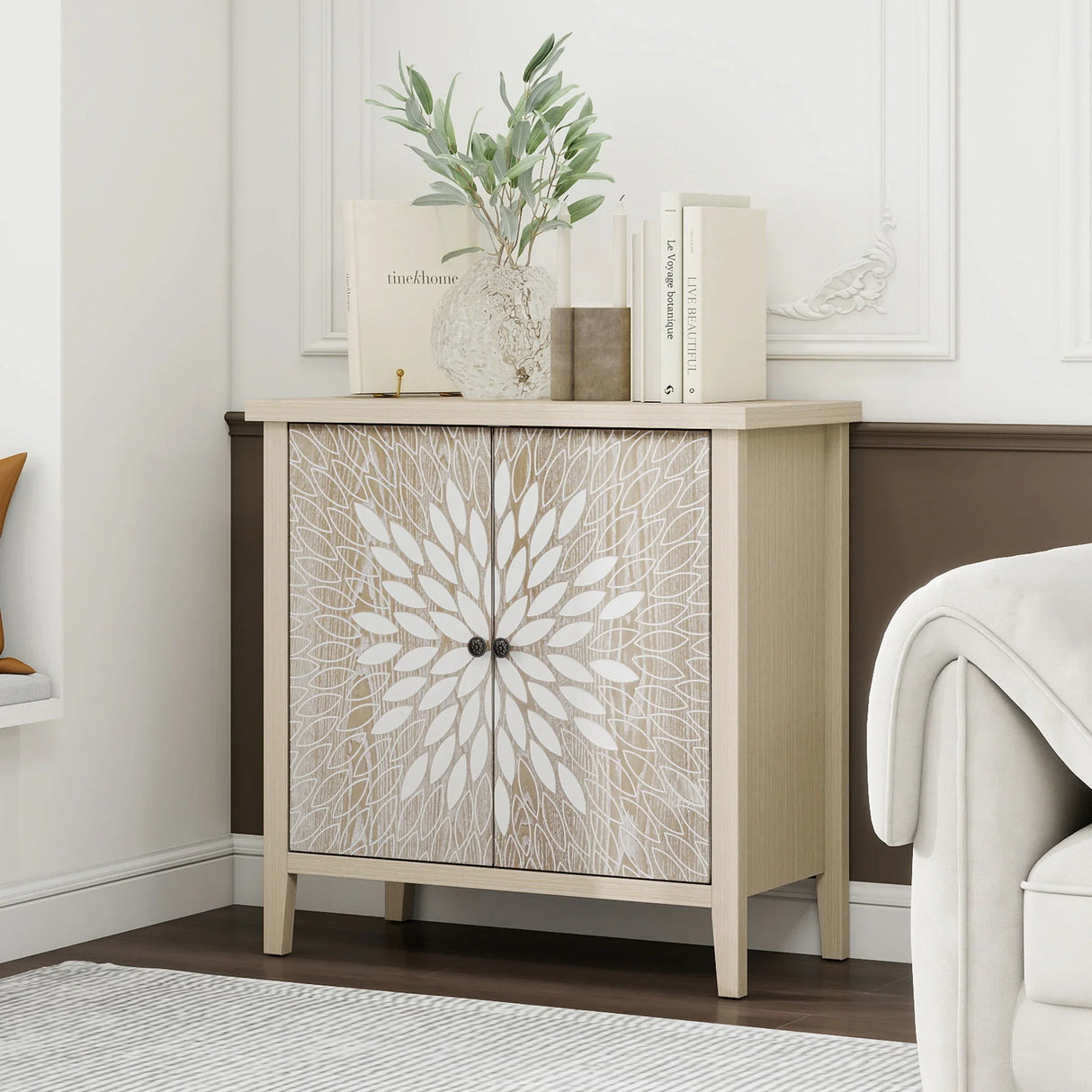 2 Door Carved Storage Cabinet With Adjustable Shelf, Accent Furniture - Furniture Home Direct