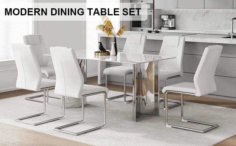 Dining Set 7 Piece Marble Top Table And Chairs White - Furniture Home Direct