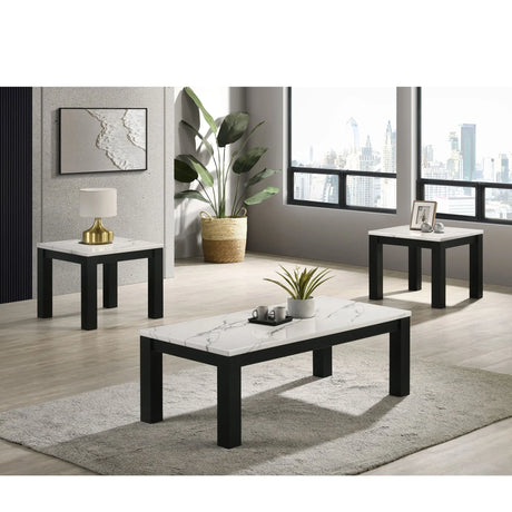 Modern 3 Piece Living Room Table Set With Faux Marble Top Wooden - Black / White - Furniture Home Direct