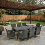 9 Piece Outdoor Patio Wicker Dining Set Patio Wicker Furniture Dining Set Glass Top - Gray / Black - Furniture Home Direct