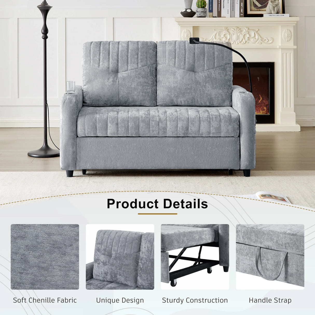 Sleeper Sofa With Adjustable Backrest, Two Cup Holders, Phone Holder, Three Charging Ports And Side Storage Pockets - Gray - Furniture Home Direct