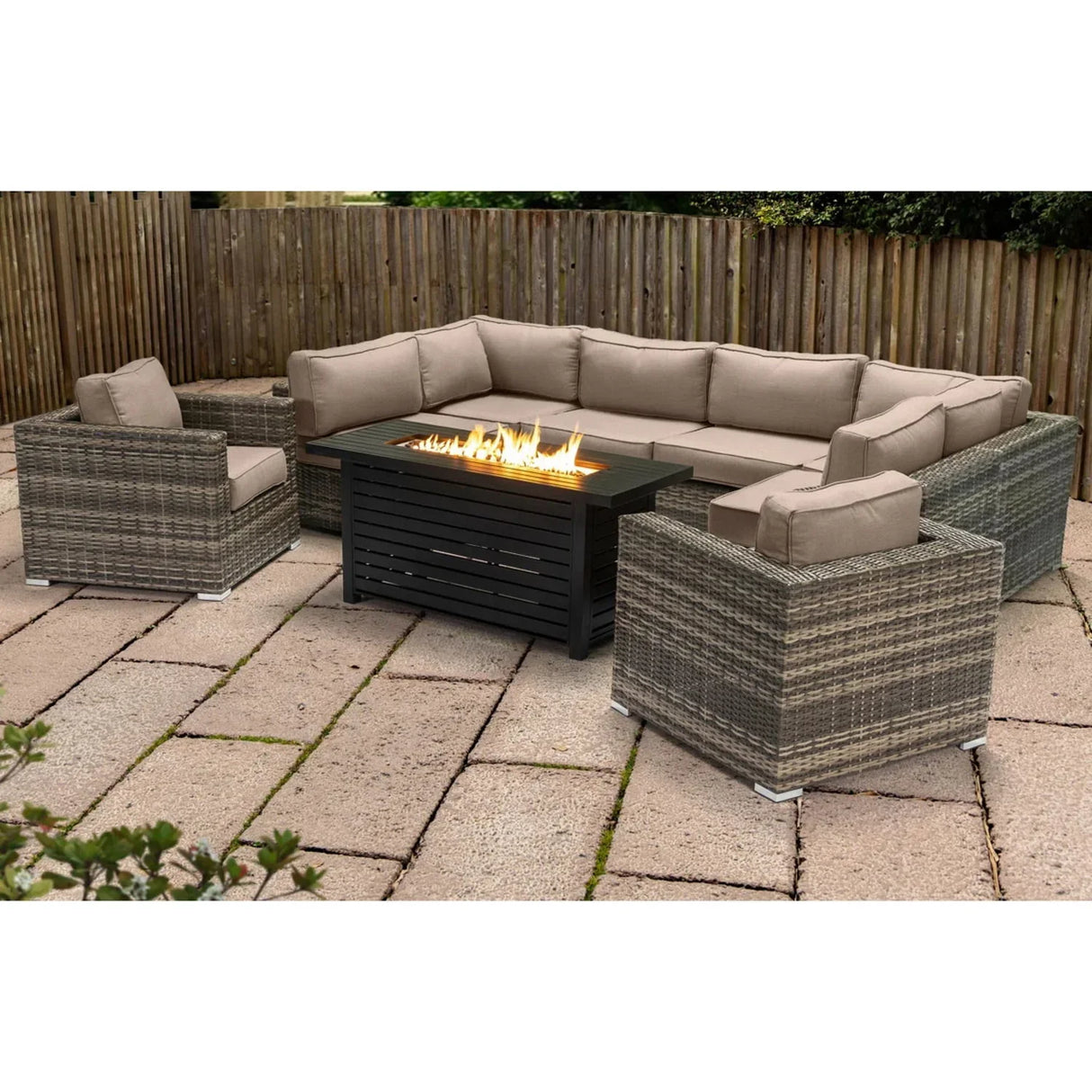 9 Piece Outdoor Sectional Set With Fire Pit Table And Cushions - Beige - Furniture Home Direct