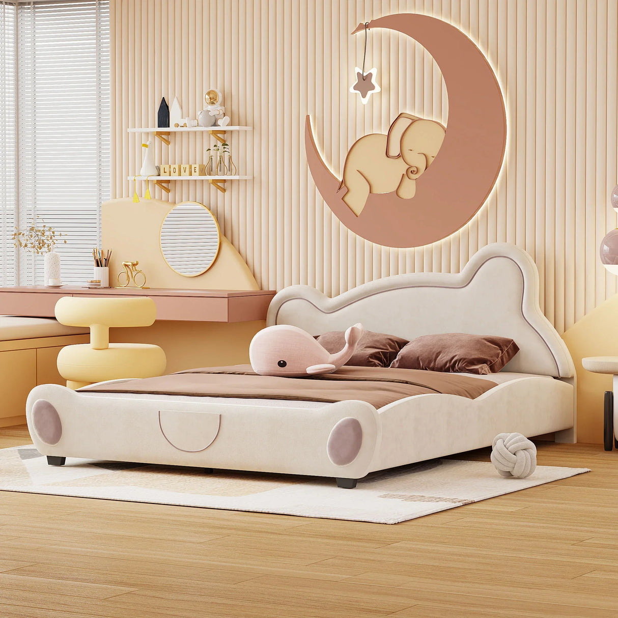 Kids Bed Bear Headboard with BuiltIn Storage Beige - Furniture Home Direct