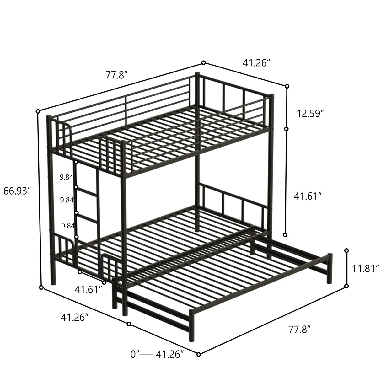Twin Metal Pull Out Bunk Bed With Guardrail And Built In Ladder, Space Saving Convertible Frame For Bedroom - Black - Furniture Home Direct