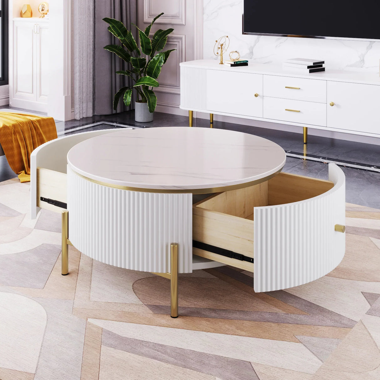 Round Coffee Table with Drawers and Gold Accents White - Furniture Home Direct