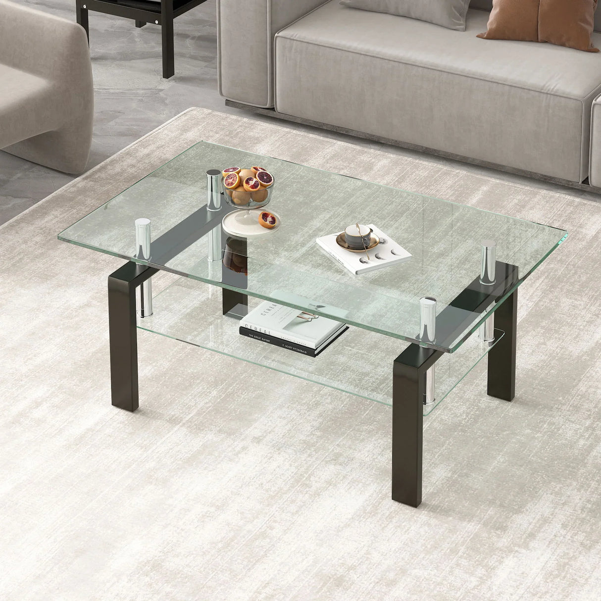 Tempered Clear Glass Coffee Table, 2-Layers Coffee Table Living Room Center Table - Black - Furniture Home Direct