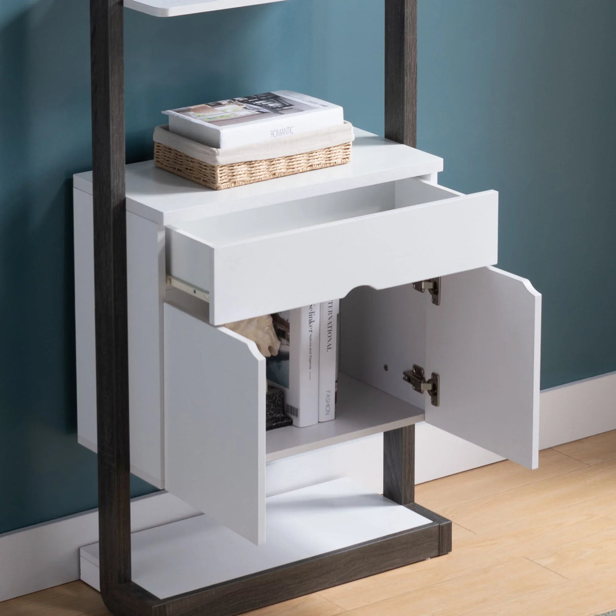 Contemporary Bookcase Four Open Shelve One Drawer Two Cabinets With Open Shelve - White / Gray - Furniture Home Direct