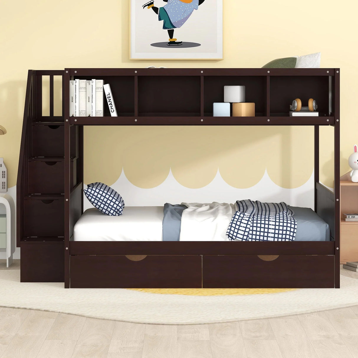 Bunk Bed With Shelfs, Storage Staircase And 2 Drawers - Furniture Home Direct