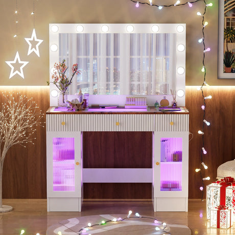 Vanity Desk With Large Mirror And Hollywood Bulbs White - Furniture Home Direct