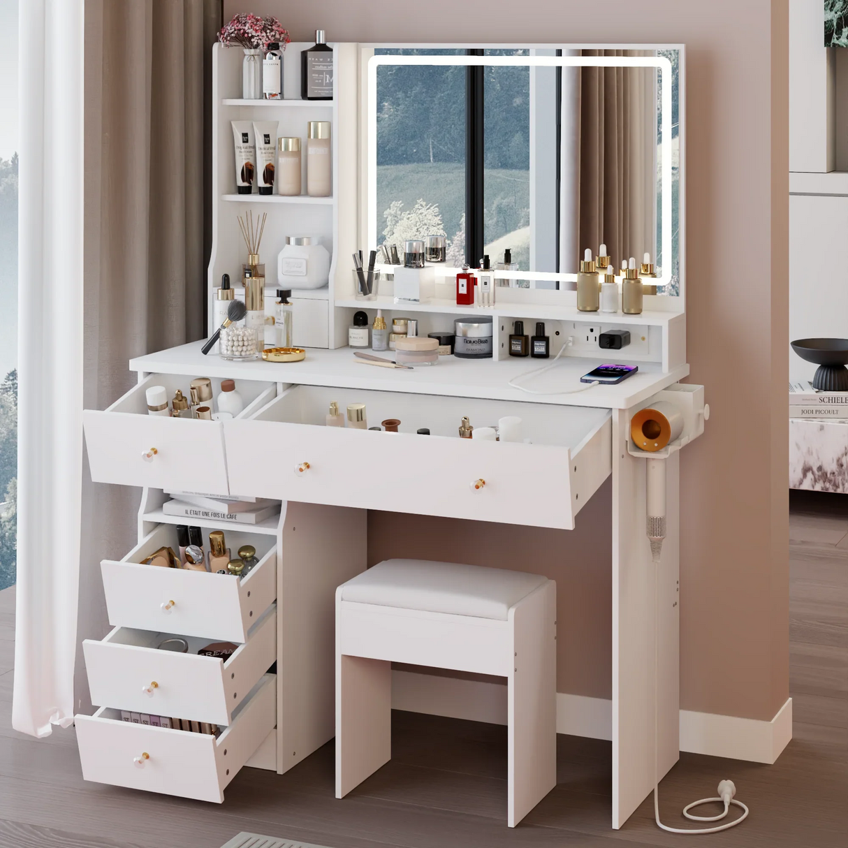 Vanity Desk Set With Cushioned Stool And Large Mirror White - Furniture Home Direct