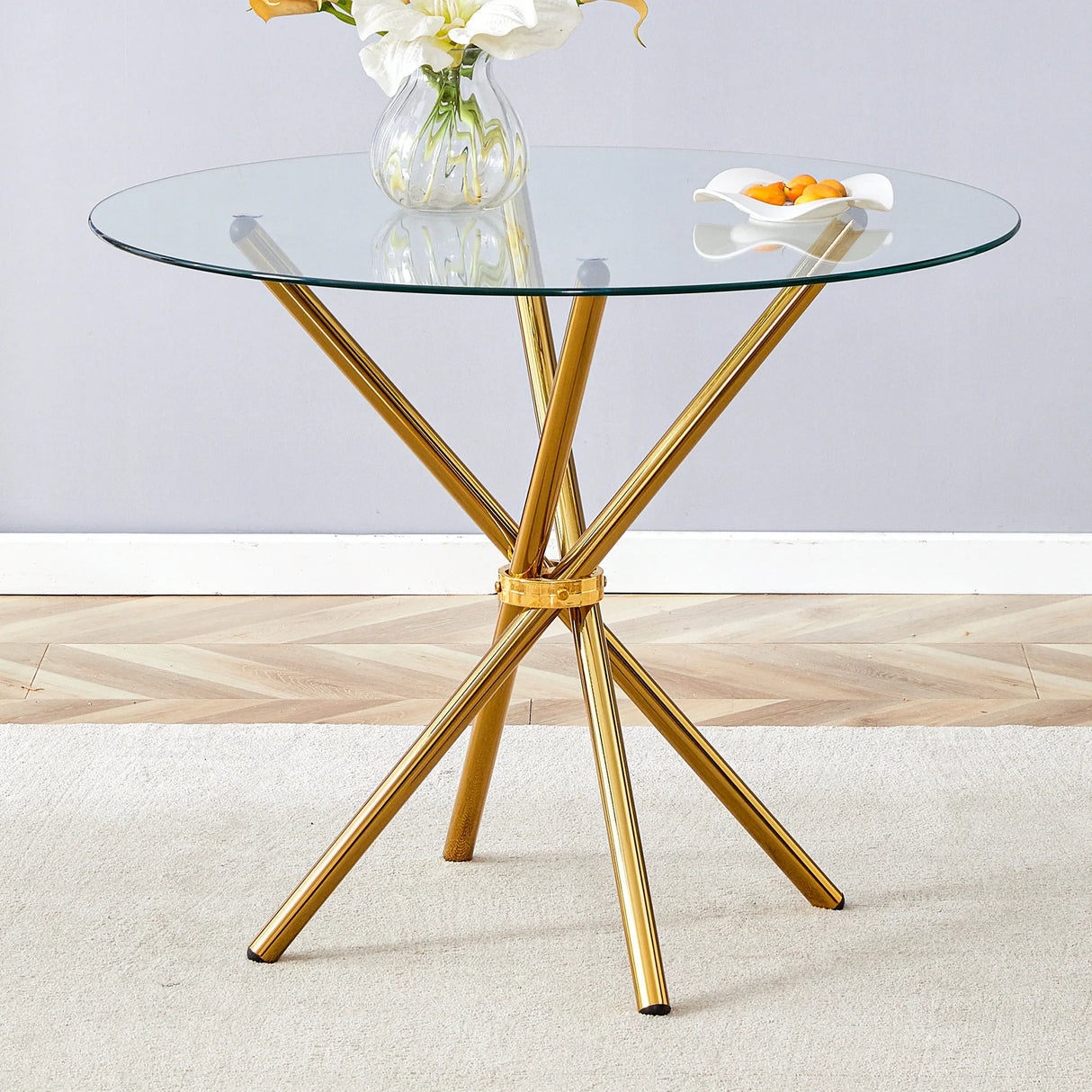 Dining Table Round Glass Top With Gleaming Golden Base Gold - Furniture Home Direct