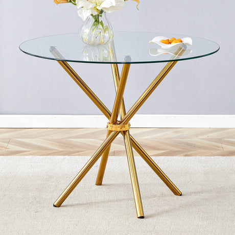 Dining Table Round Glass Top With Gleaming Golden Base Gold - Furniture Home Direct