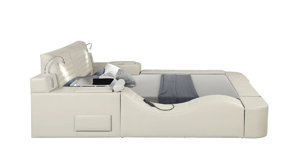 Queen Bed Upholstered Platform with Built in Lighting Beige - Furniture Home Direct
