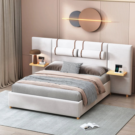 Upholstered Platform Bed, 2 Outlets And USB Charging Ports On Both Sides, 2 Bedside Pillows, Storage Shelves - Furniture Home Direct