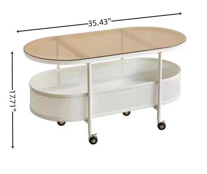 Movable Oval Metal Glass Coffee Table With Storage - White - Furniture Home Direct
