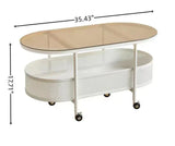 Movable Oval Metal Glass Coffee Table With Storage - White - Furniture Home Direct