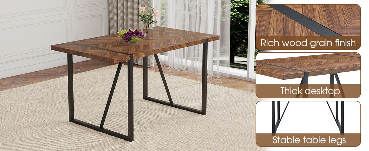 Dining Table Herringbone Wood Top And Metal Base Black - Furniture Home Direct