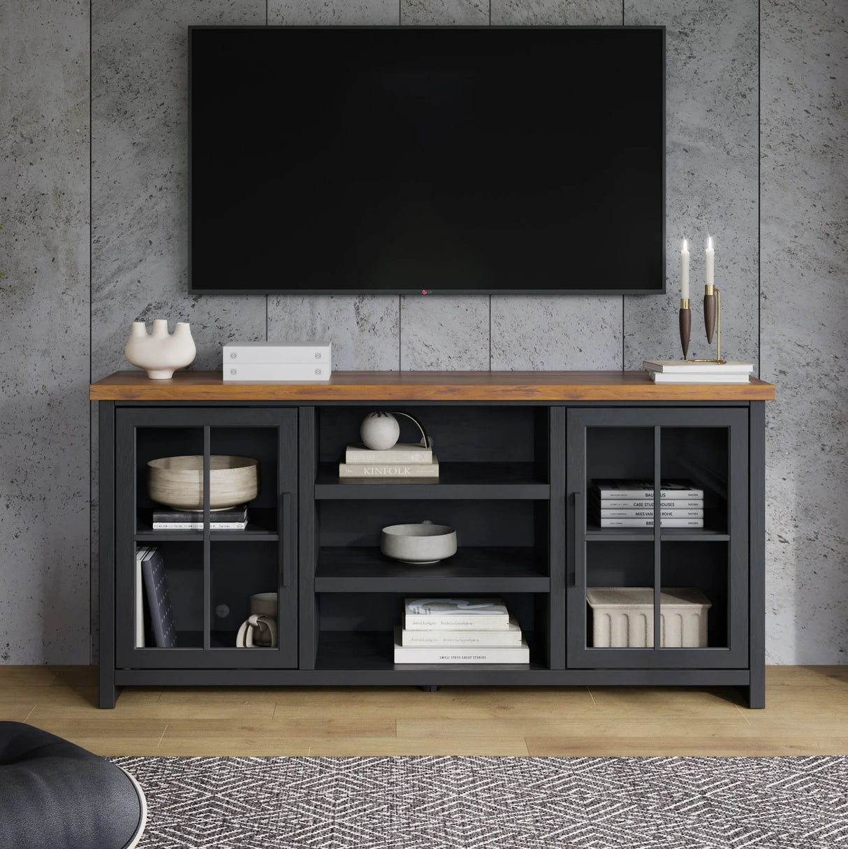 Essex - TV Stand Console For TVs Up To 80" - Black, Whiskey - Furniture Home Direct