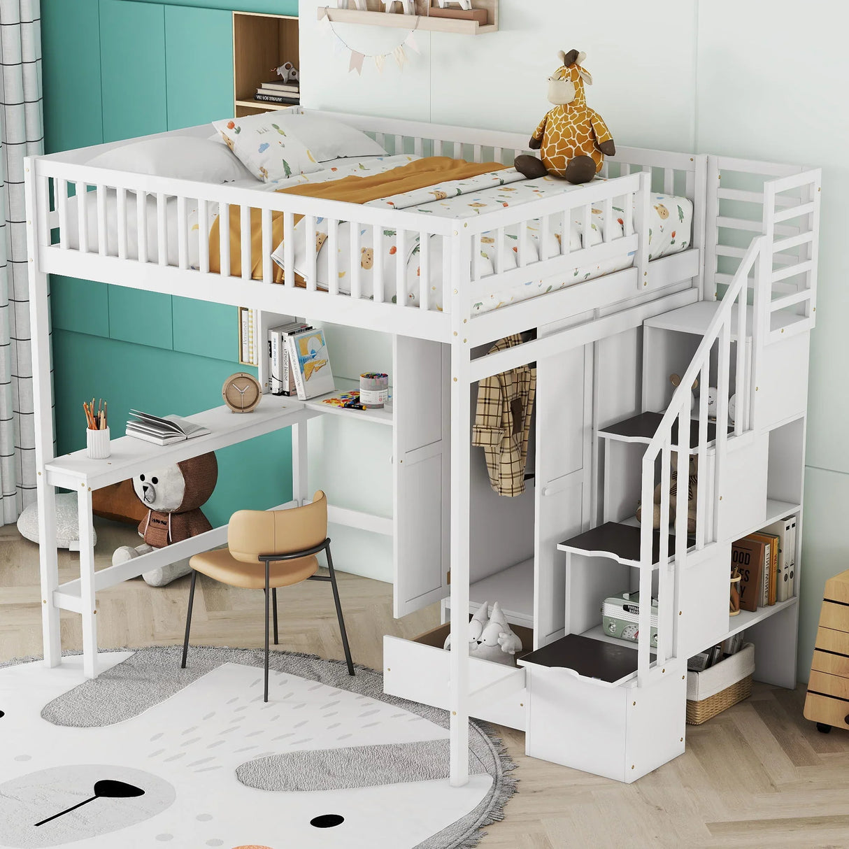 Loft Bed With Bookshelf, Drawers, Desk, And Wardrobe - Furniture Home Direct