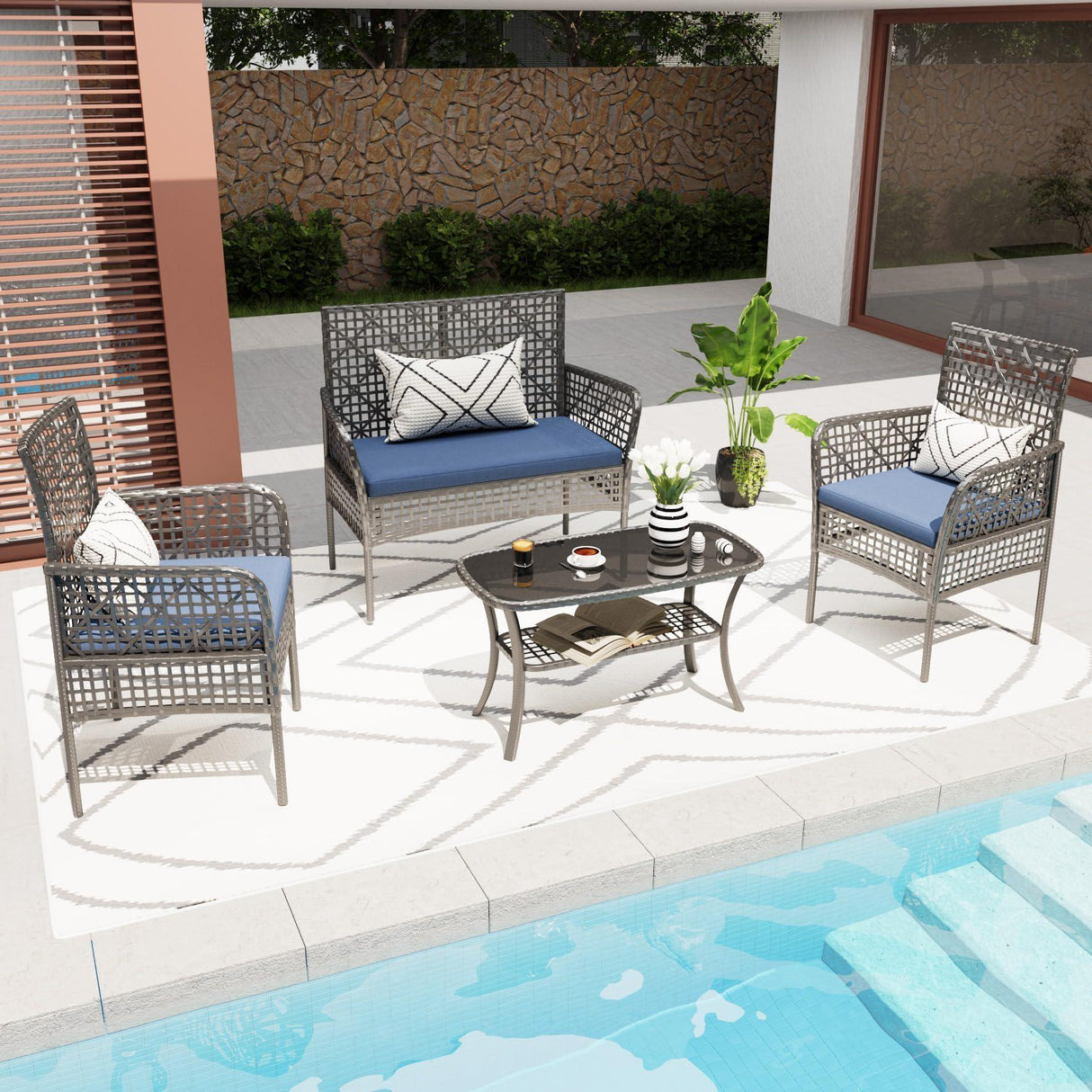 4 Pieces Rattan Wicker Chairs With Tempered Glass Table And Cushions - Furniture Home Direct