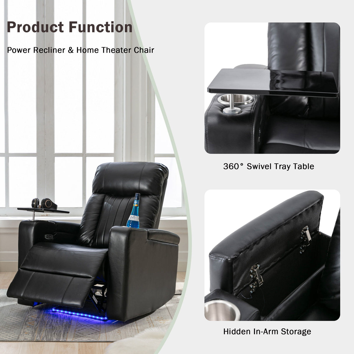 Power Recliner with Storage Arms, Cupholders, USB, Black
