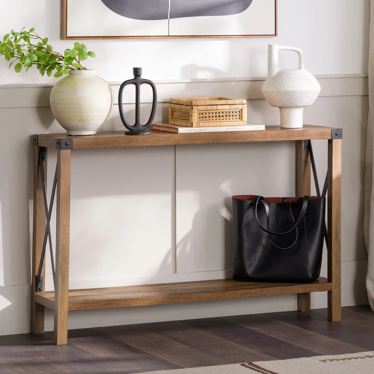 Farmhouse Metal X Table With Lower Shelf - Furniture Home Direct