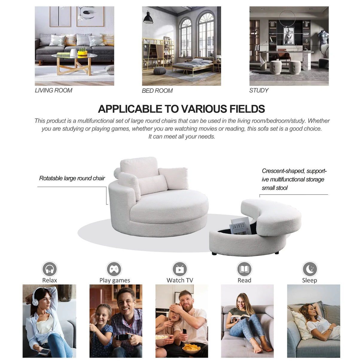 Linen Barrel Swivel Chair With Storage Ottoman - Furniture Home Direct