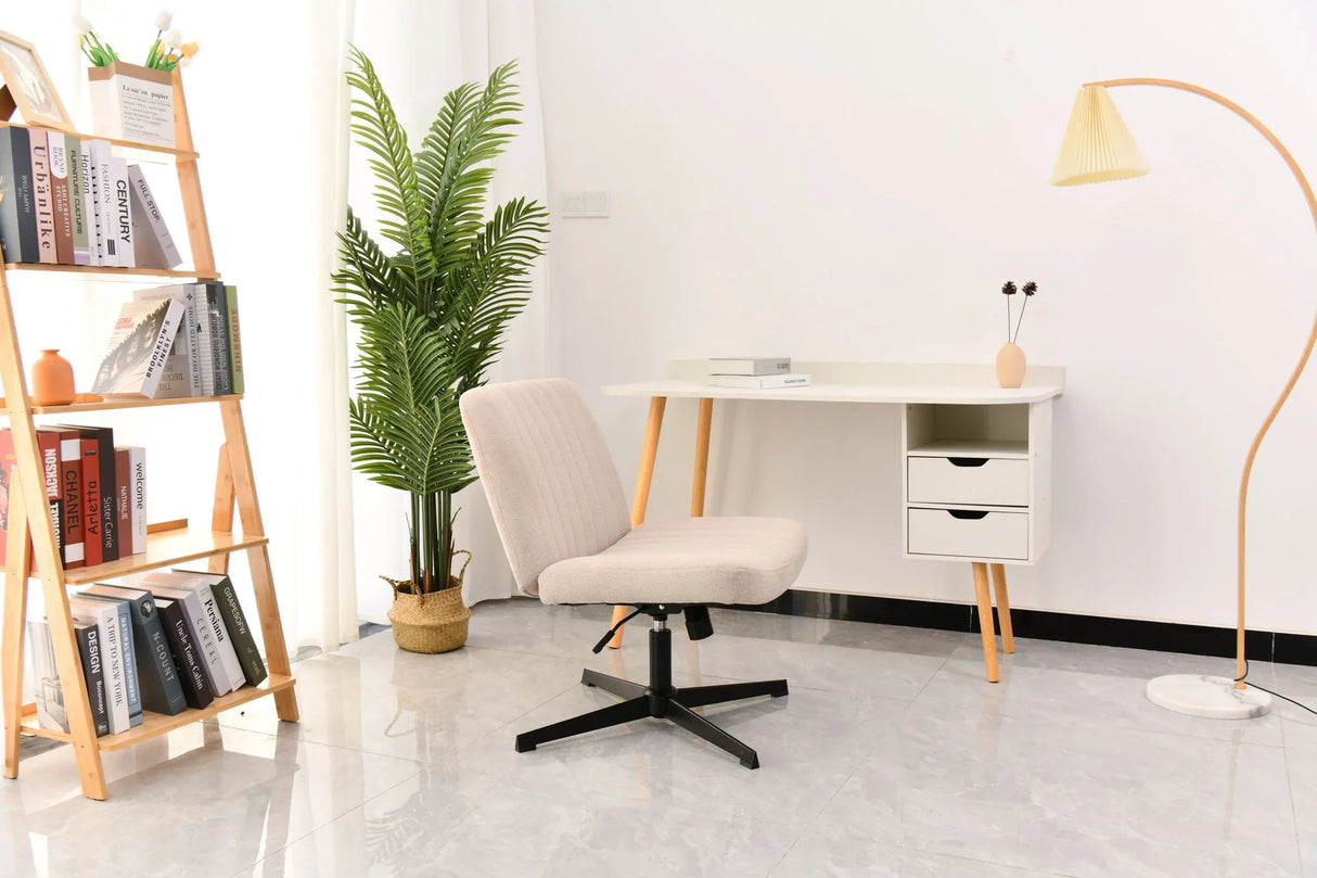 Cross Legged Office Chair, Wide Comfty Desk Chair, Vanity Home Chair No Wheels Armless Computer Task Chair, Swivel And Height Adjustable - Beige - Furniture Home Direct