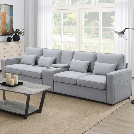 114.2 Sofa With Console 2 Cupholders 2 USB Ports Light Gray - Furniture Home Direct
