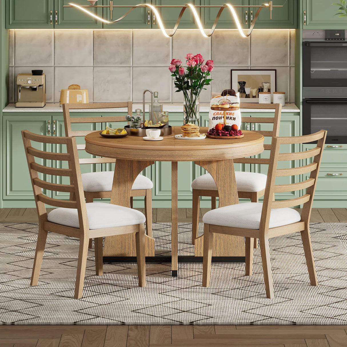 Dining Set Round Wood Table With Ladder Back Chairs Natural - Furniture Home Direct