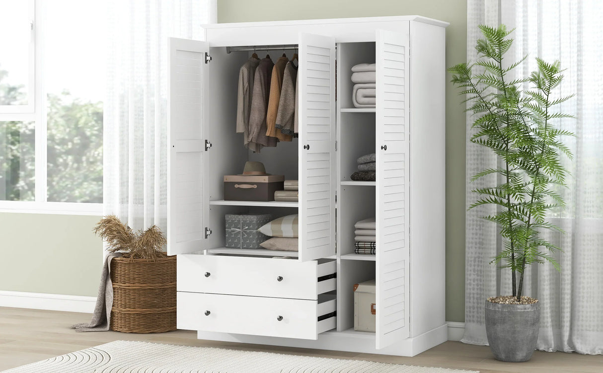 3 Shutter Door Wardrobe Armoire Closet with 2 Drawers, White - Furniture Home Direct