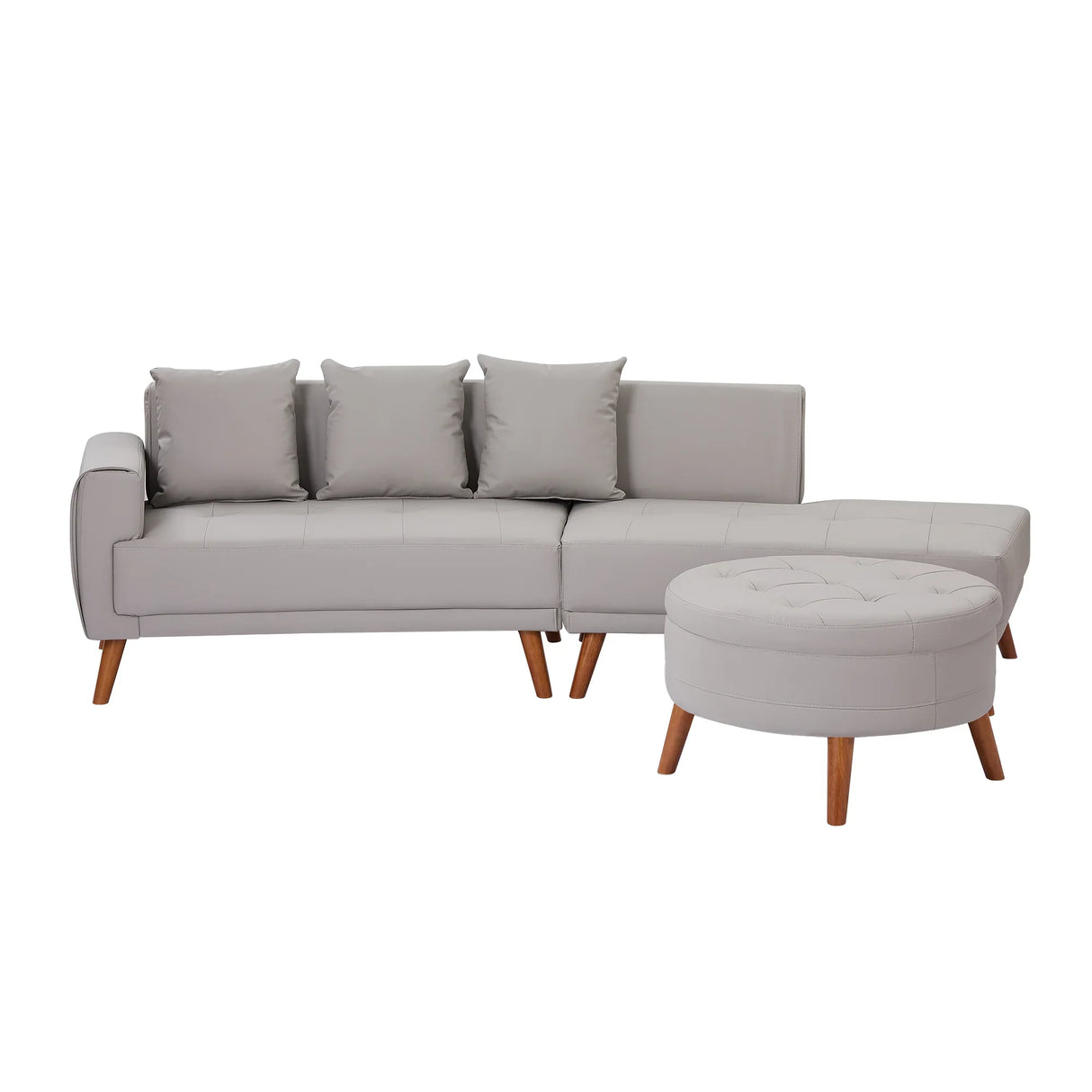 107 Inch Contemporary Sofa With Round Storage Ottoman Grey - Furniture Home Direct