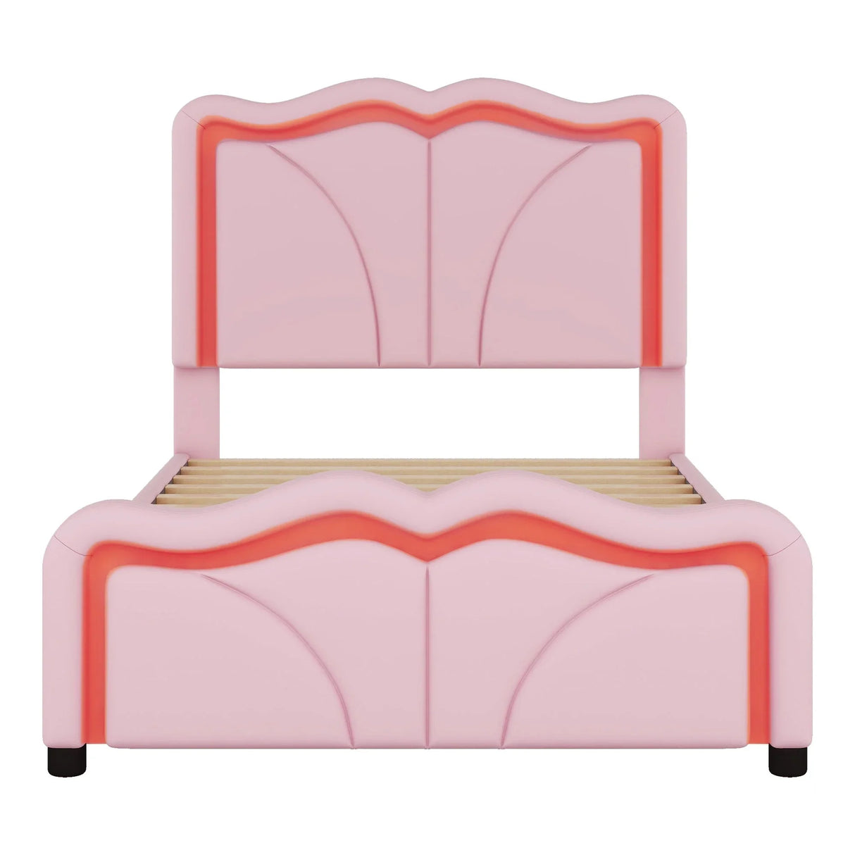 Upholstered Platform Bed & Curve Shaped And Height Adjustable Headboard, LED Light Strips - Furniture Home Direct