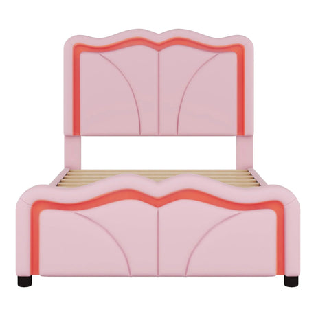 Upholstered Platform Bed & Curve Shaped And Height Adjustable Headboard, LED Light Strips - Furniture Home Direct