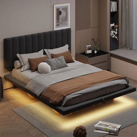 Upholstered Floating Hydrualic Platform Bed With LED Light And USB Port - Furniture Home Direct