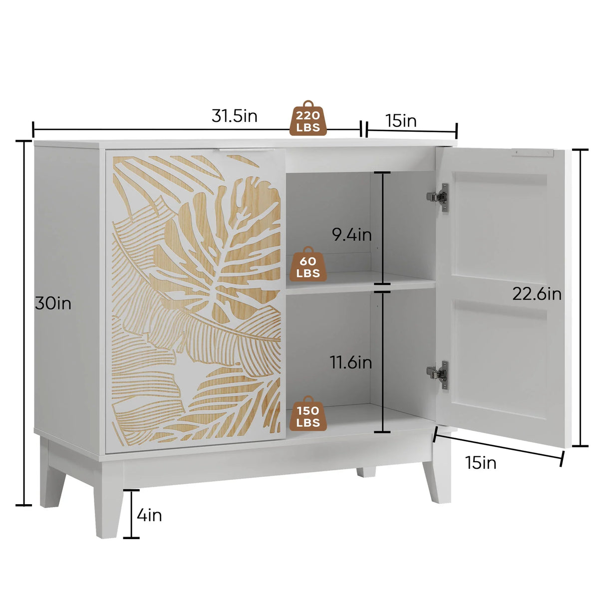 Leaf Carved Cabinet With Adjustable Shelves - White - Furniture Home Direct